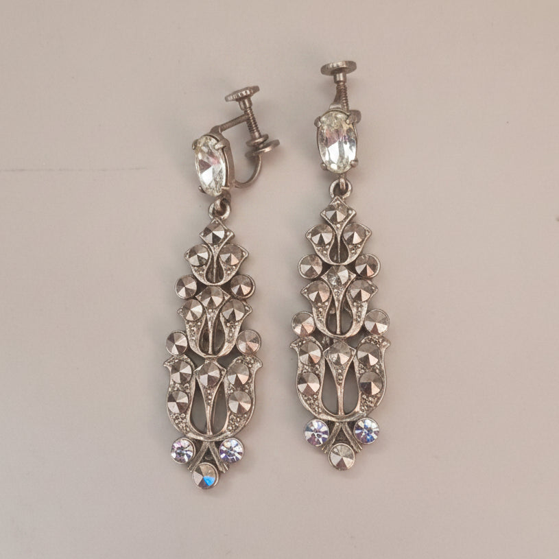 Vintage 1950s Silver-Tone Mid-Century Drop Earrings Rhinestone AB Crystal Pin