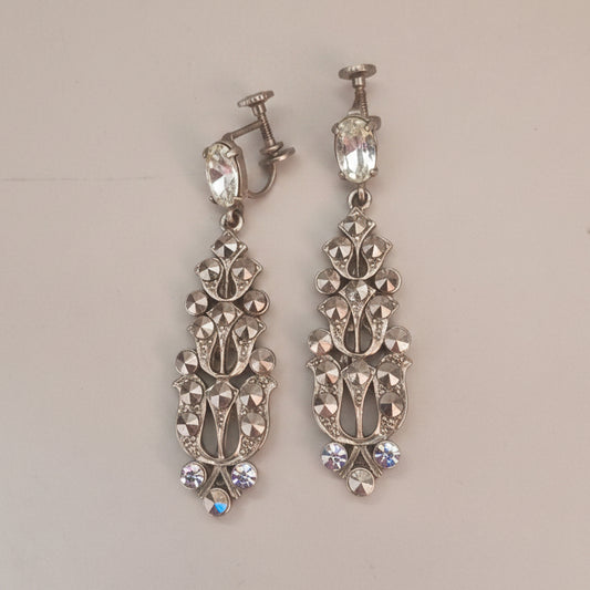 Vintage 1950s Silver-Tone Mid-Century Drop Earrings Rhinestone AB Crystal Pin