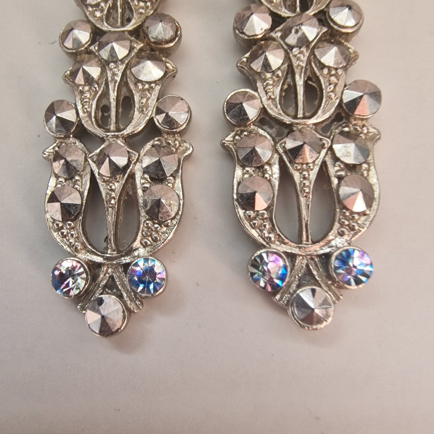 Vintage 1950s Silver-Tone Mid-Century Drop Earrings Rhinestone AB Crystal Pin