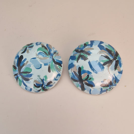 Vintage 1970s Blue Teal Hand Painted Wooden Floral Clip-On Earrings Round Disc