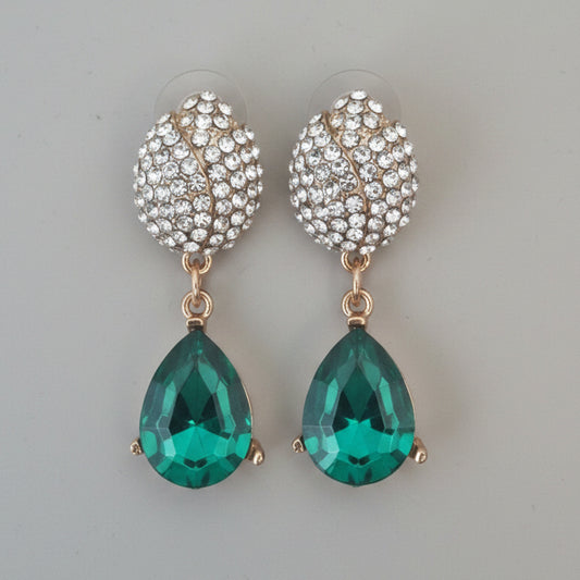 Vintage 1980s Gold-Tone Drop Earrings Rhinestone Emerald Green Glass Teardrop