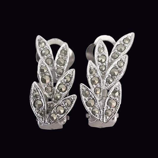 Vintage 1970s Silver-Tone Marcasite Clip-On Earrings Leaf Cluster Botanical UK