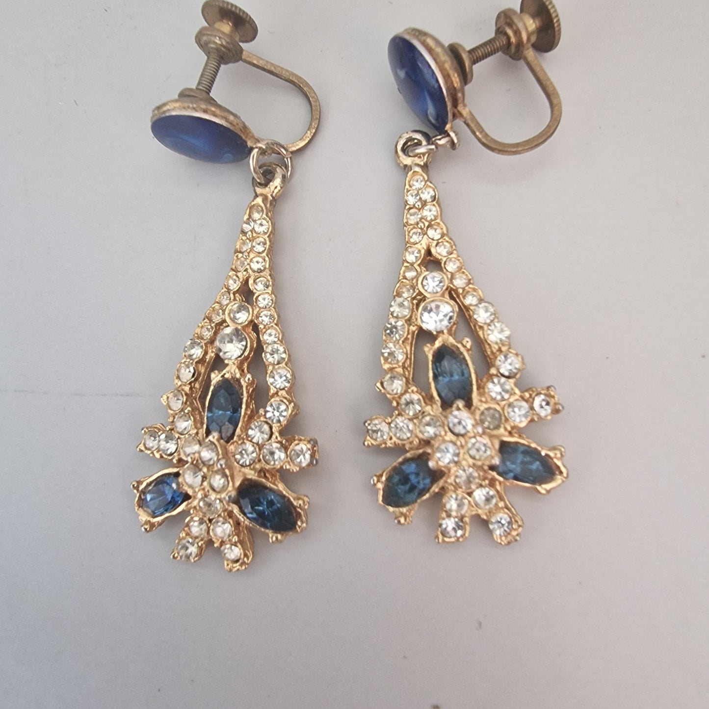 Vintage 1950s Gold-Tone Blue Rhinestone Drop Earrings Mid-Century Screw-Back UK