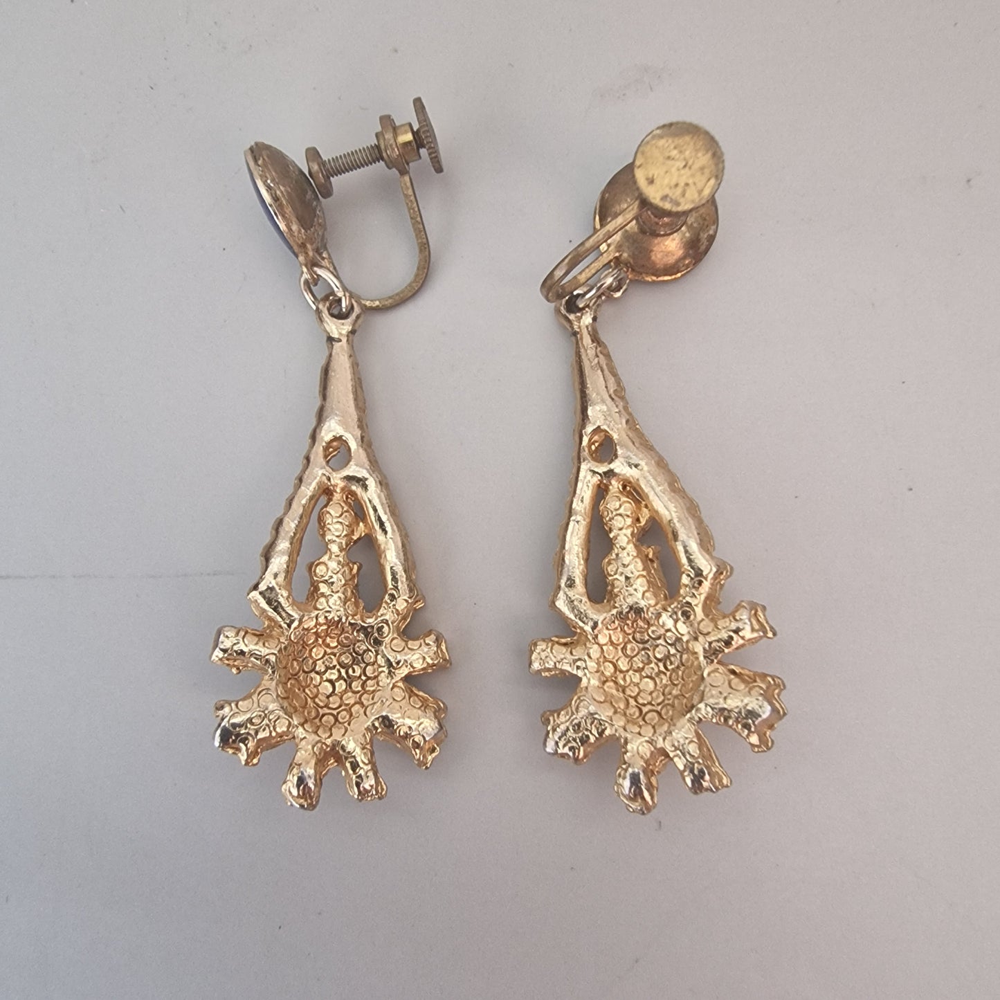 Vintage 1950s Gold-Tone Blue Rhinestone Drop Earrings Mid-Century Screw-Back UK