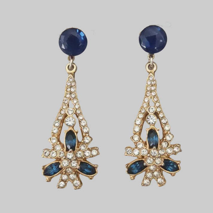 Vintage 1950s Gold-Tone Blue Rhinestone Drop Earrings Mid-Century Screw-Back UK