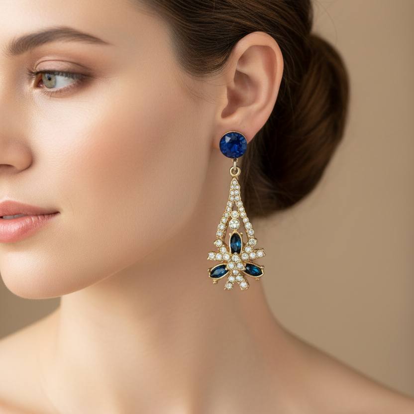 Vintage 1950s Gold-Tone Blue Rhinestone Drop Earrings Mid-Century Screw-Back UK