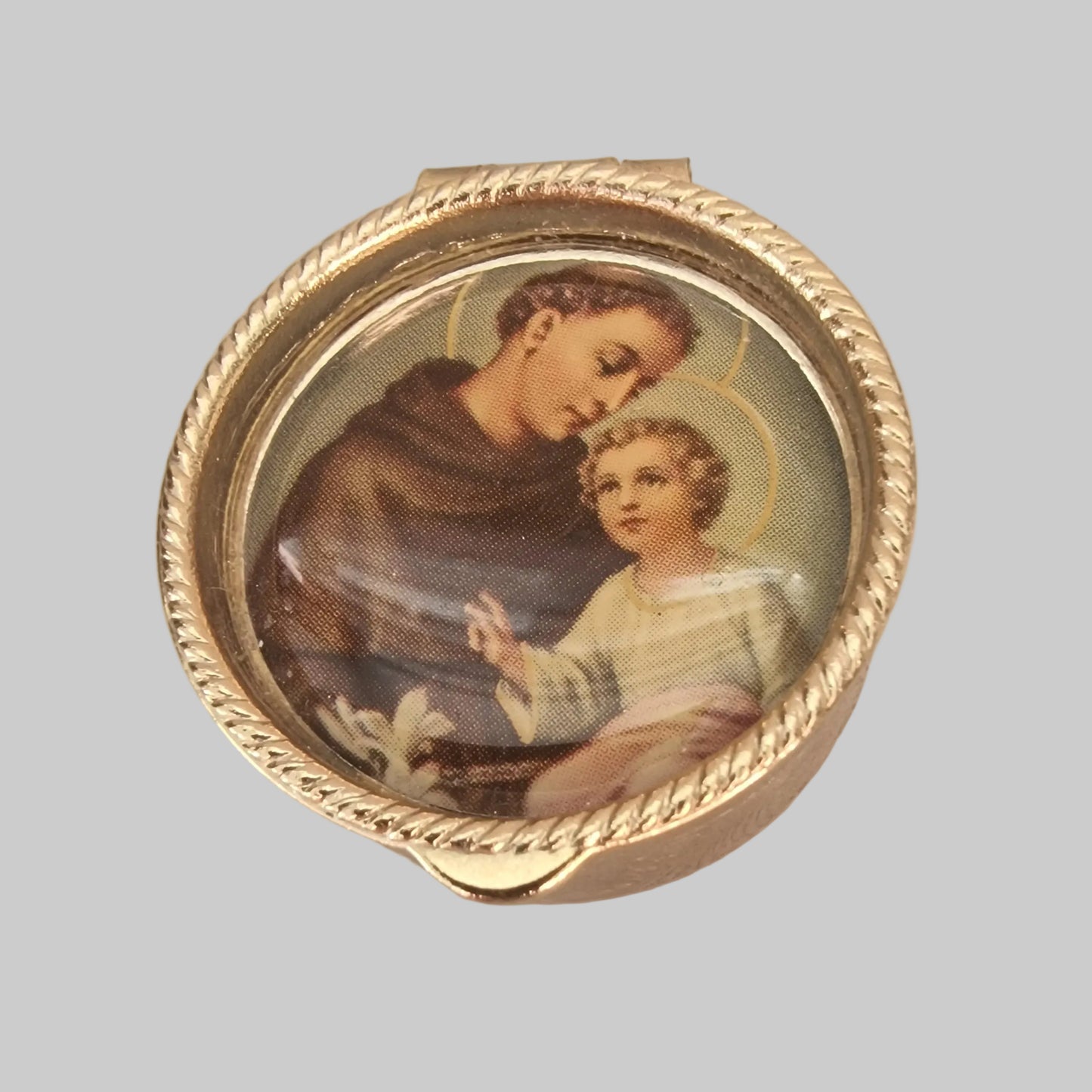 Vintage 1970s Gold-Tone Religious Pill Box Saint Portrait Dome Engraved Retro