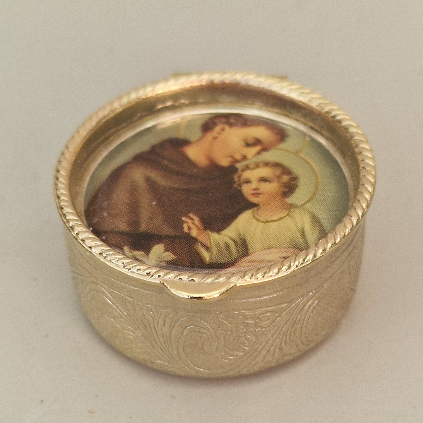 Vintage 1970s Gold-Tone Religious Pill Box Saint Portrait Dome Engraved Retro