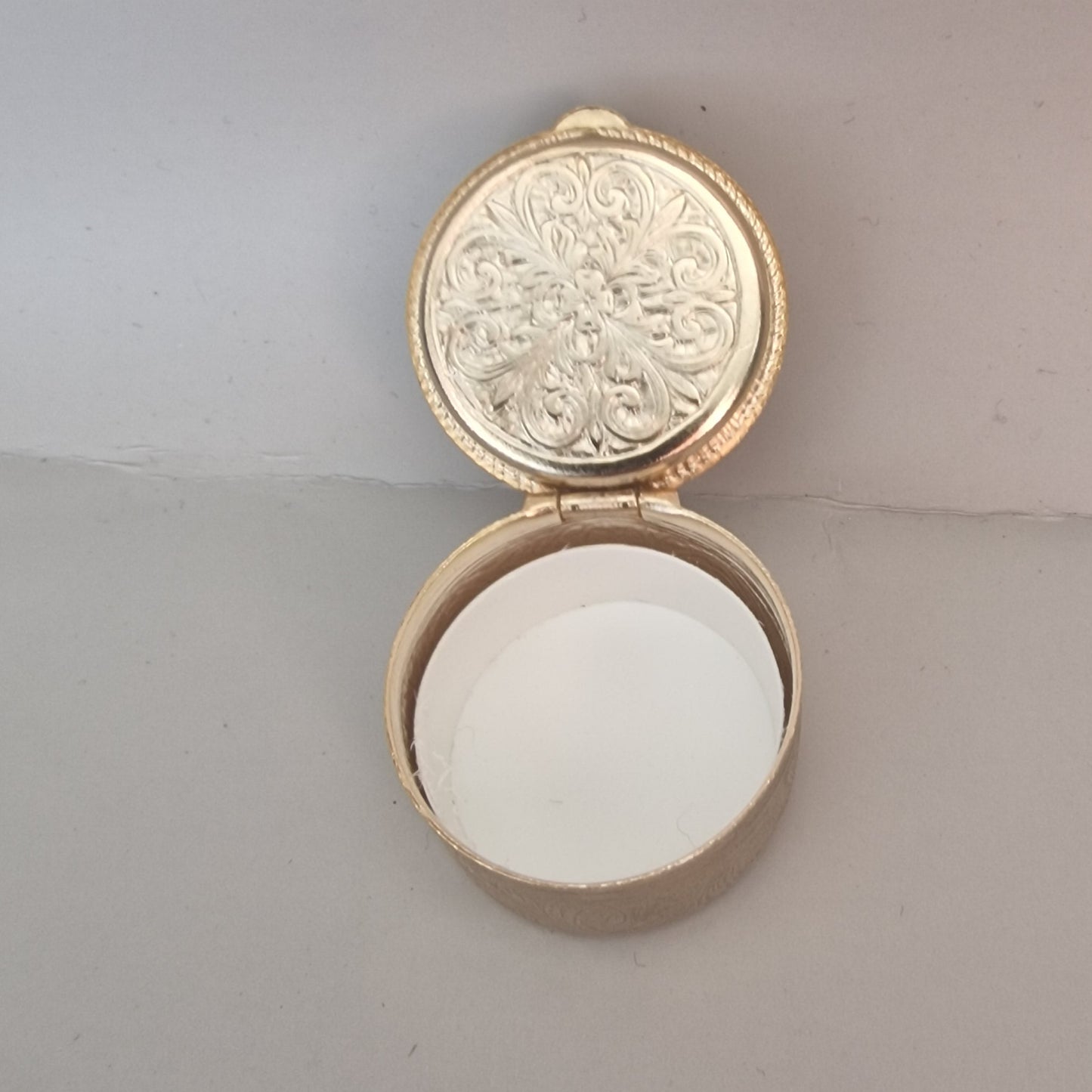Vintage 1970s Gold-Tone Religious Pill Box Saint Portrait Dome Engraved Retro