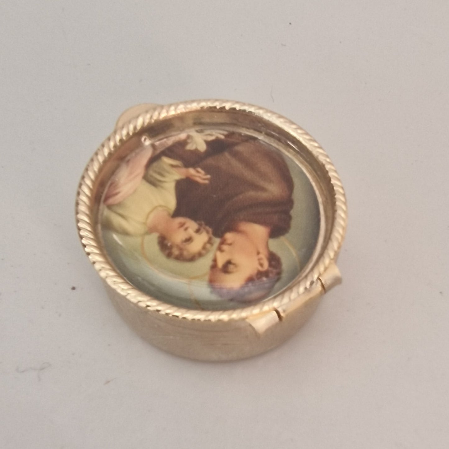 Vintage 1970s Gold-Tone Religious Pill Box Saint Portrait Dome Engraved Retro