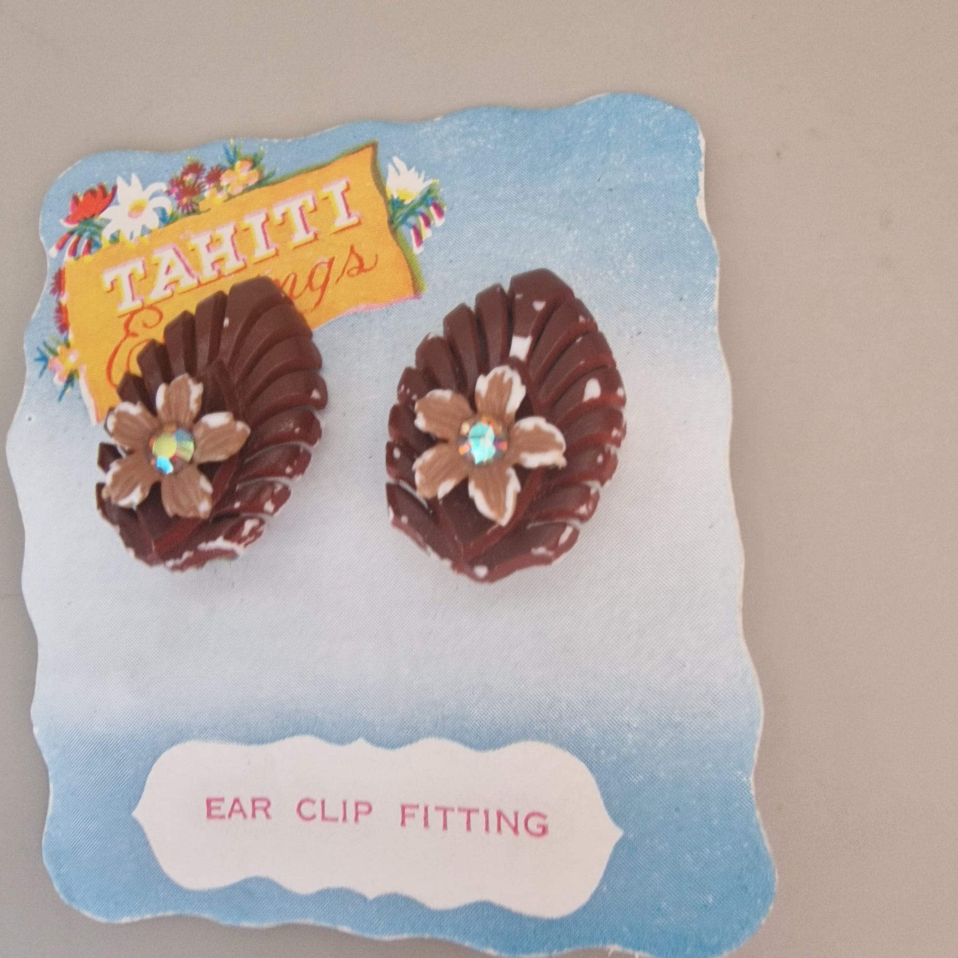 Vintage Brown Plastic Floral Clip-On Earrings AB Rhinestone Tahiti 1960s Pair