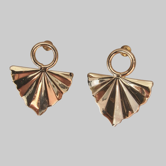 Vintage 1980s Gold-Tone Pleated Fan Clip-On Drop Earrings Geometric Bold Costume