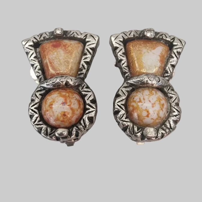 Vintage Bronze-Tone Clip-On Earrings Amber Orange Cabochon Tribal Boho Artisan