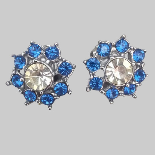 Vintage Silver-Tone Blue Rhinestone Cluster Clip-On Earrings Starburst Floral