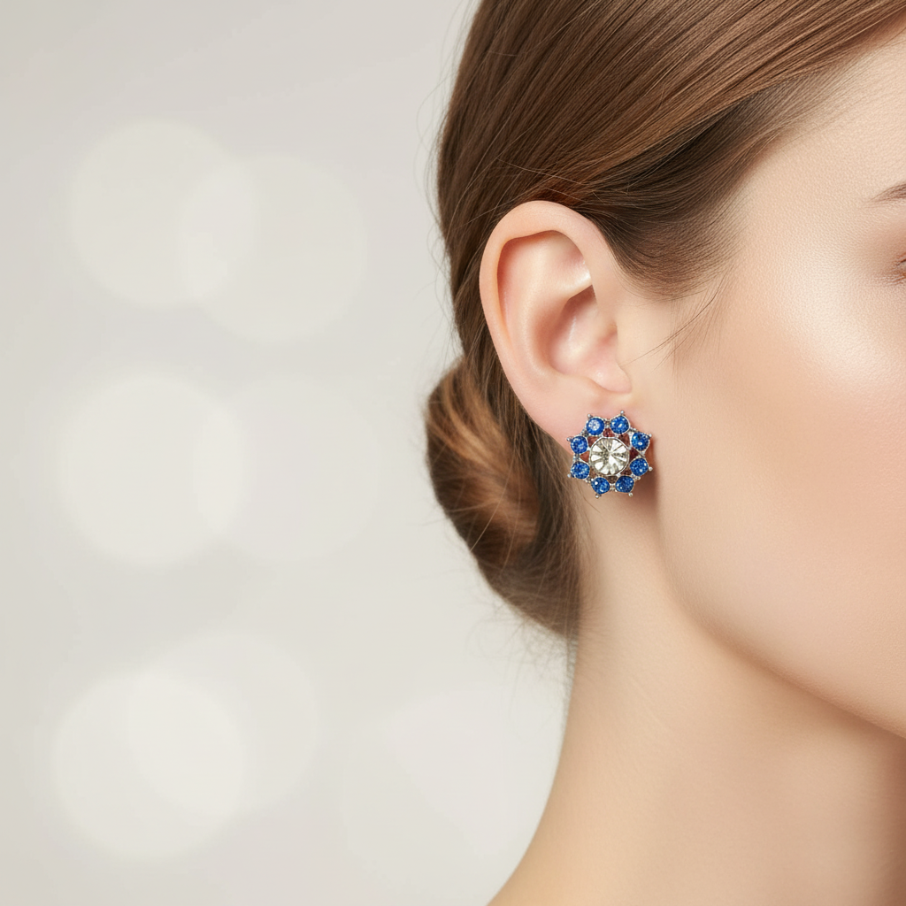 Vintage 1970s Silver-Tone Blue Rhinestone Cluster Clip-On Earrings Starburst UK