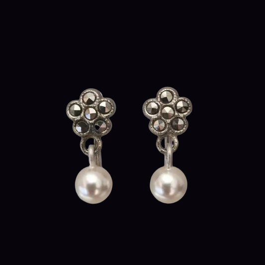 Vintage Silver-Tone Marcasite Pearl Drop Earrings 1950s Mid-Century Screw-Back – photo 3