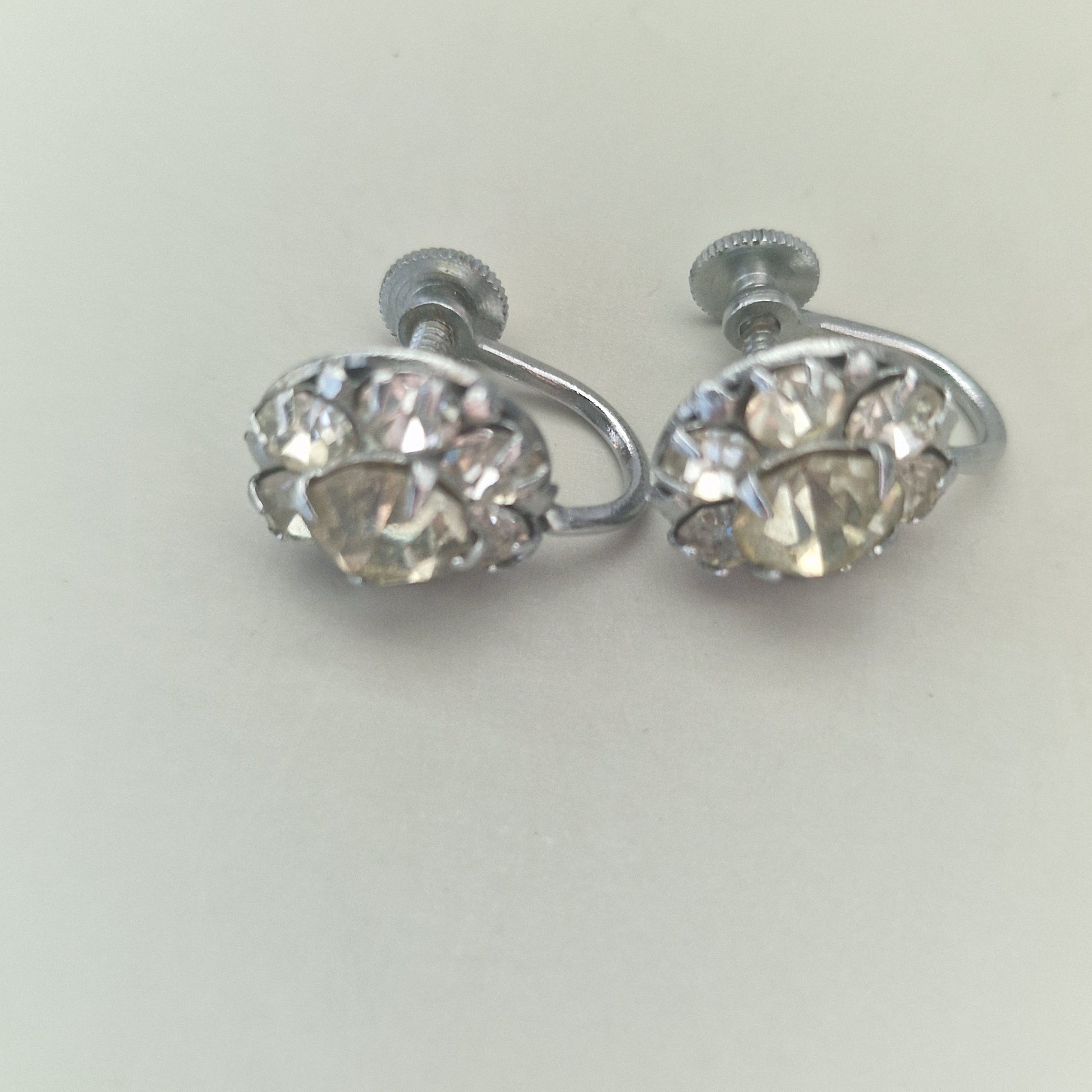 Vintage Silver-Tone Rhinestone Cluster Earrings Screw-Back Mid-Century Costume