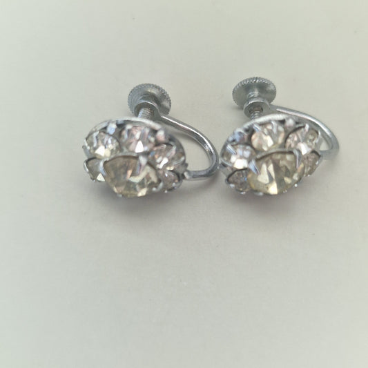 Vintage Silver-Tone Rhinestone Cluster Earrings Screw-Back Mid-Century Costume