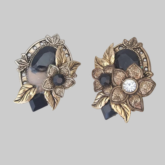 Vintage Gold-Tone Asymmetric Clip-On Earrings Black Stone Floral Rhinestone Pair