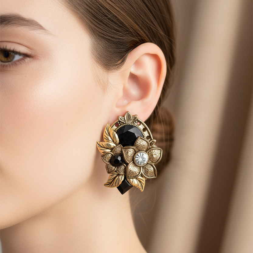 Vintage 1990s Gold-Tone Asymmetric Clip-On Earrings Black Stone Floral Signed