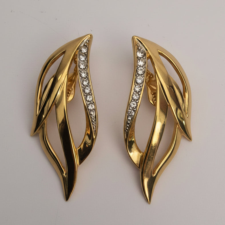 Vintage Monet 1970s Gold-Tone Clip-On Earrings Leaf Rhinestone Botanical Signed