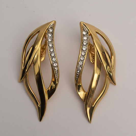 Vintage Monet 1970s Gold-Tone Clip-On Earrings Leaf Rhinestone Botanical Signed
