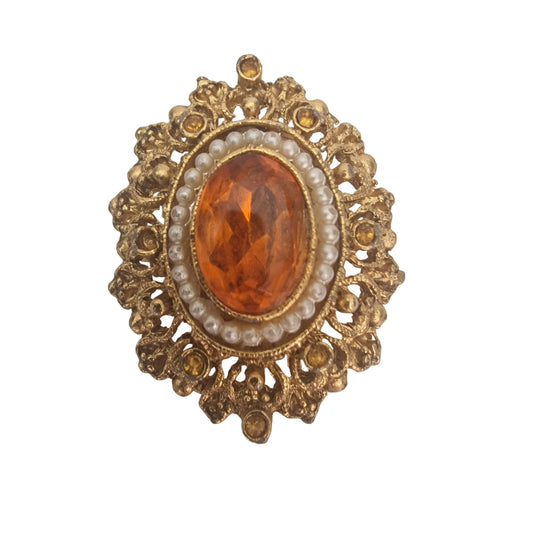 Gold-Tone Amber Stone Brooch, Natural Amber Cabochon, Seed Pearl Filigree Pin, Vintage Costume Jewelry