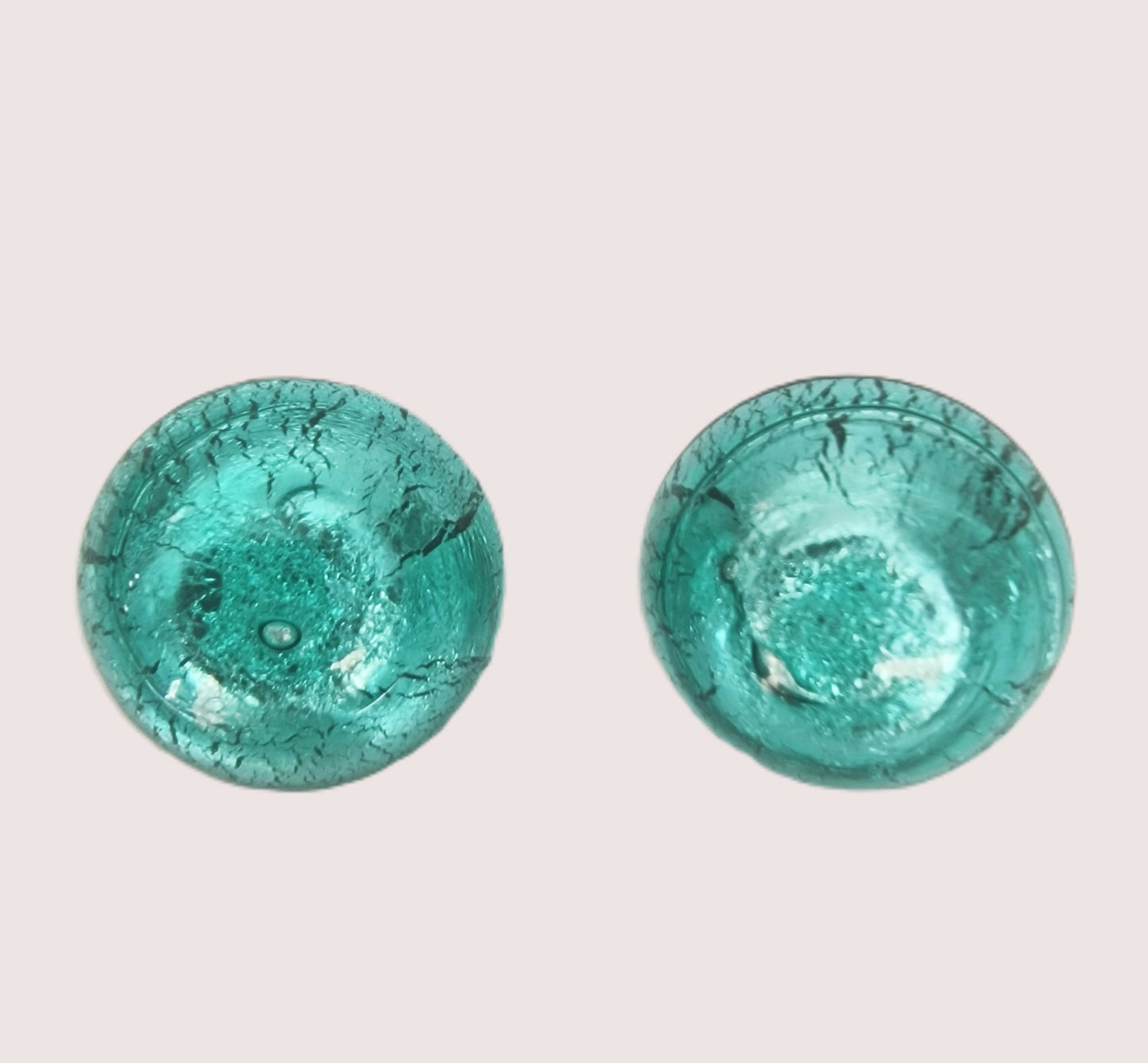 Vintage 1970s Teal Green Crackle Foil Glass Clip-On Earrings Round Dome Button