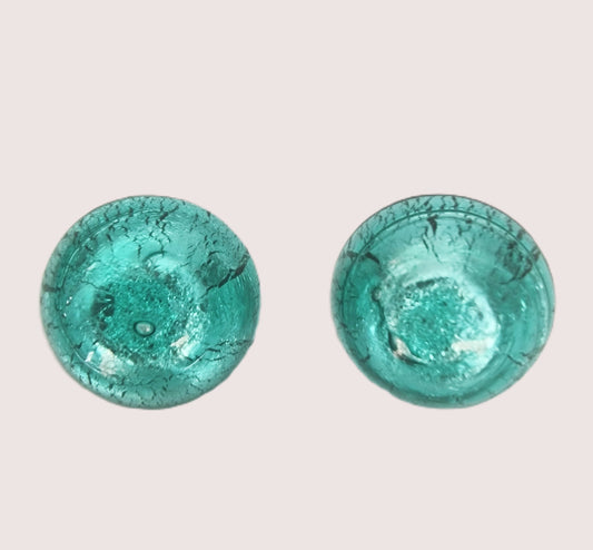 Vintage 1970s Teal Green Crackle Foil Glass Clip-On Earrings Round Dome Button