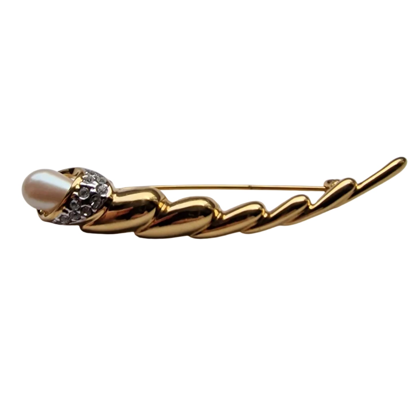 Vintage Gold-Tone 1980s Elongated Brooch Faux Pearl Rhinestone Figural Bar Pin
