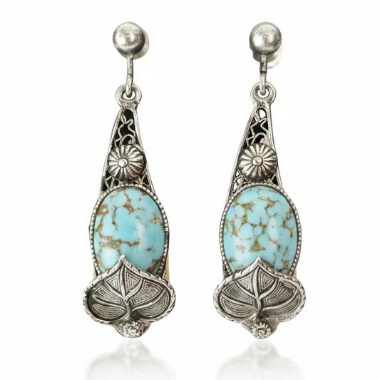 Vintage 1970s Silver-Tone Turquoise Natural Stone Drop Earrings Filigree Screw