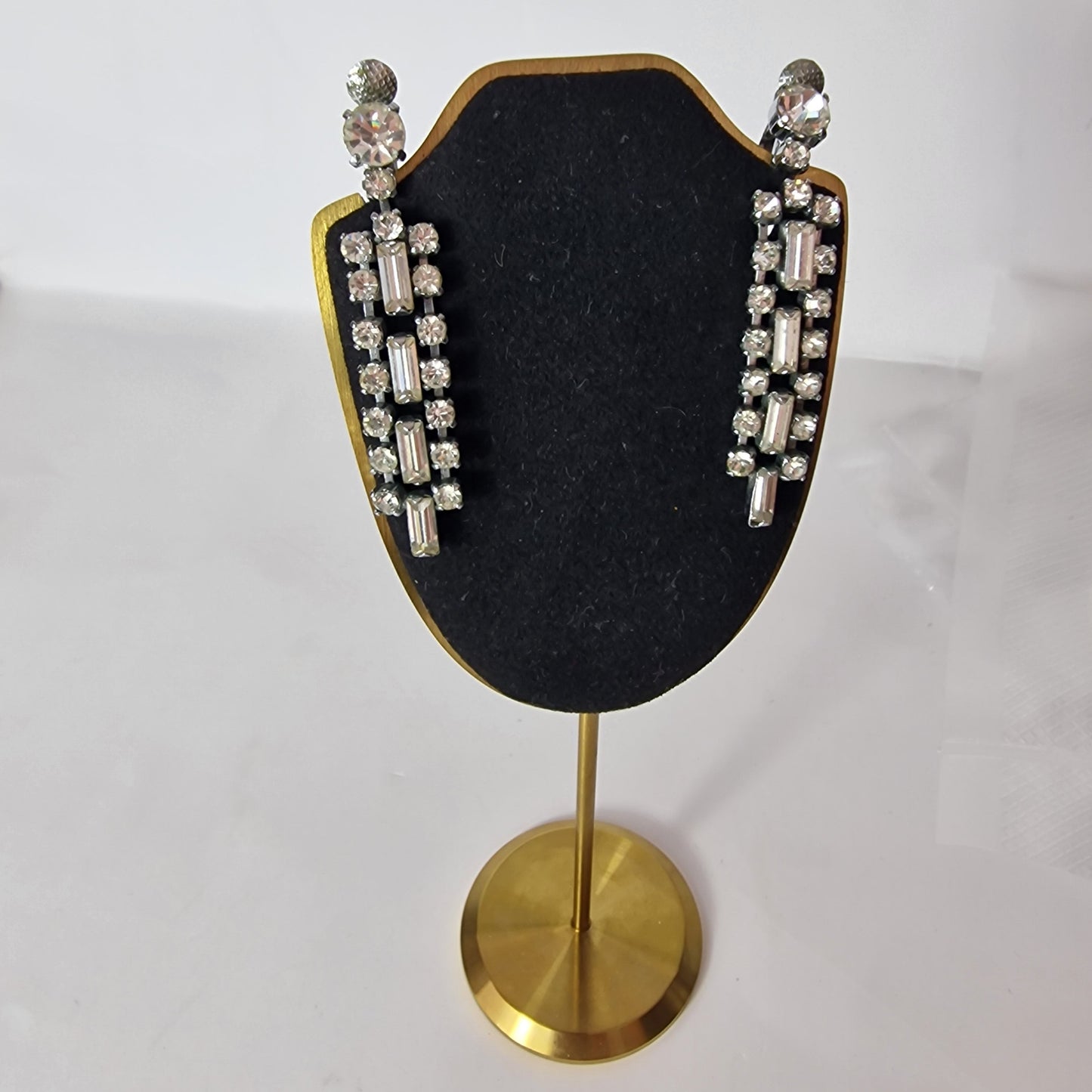 Vintage 1960s Silver-Tone Rhinestone Dangle Earrings Baguette Geometric Clip-On