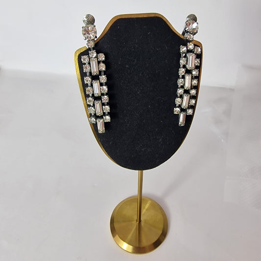 Vintage 1960s Silver-Tone Rhinestone Dangle Earrings Baguette Geometric Clip-On