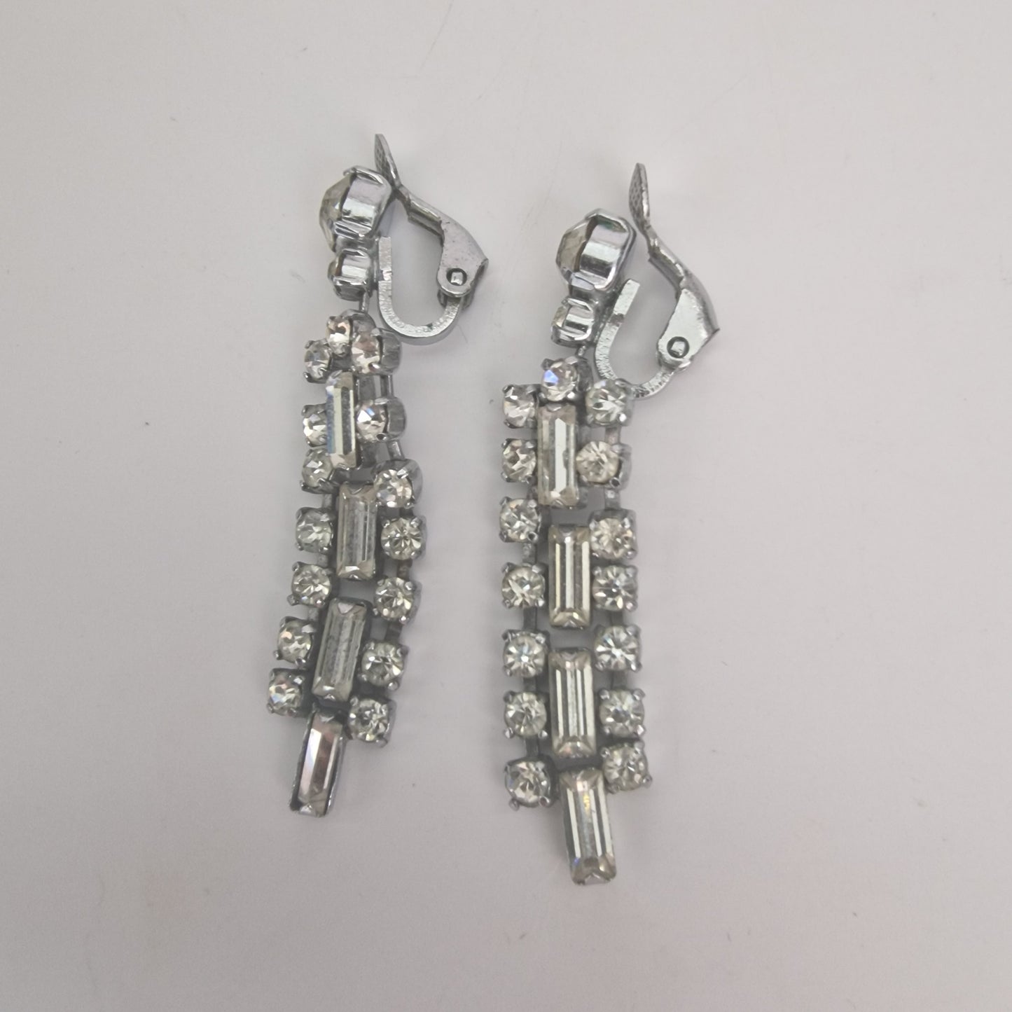 Vintage 1960s Silver-Tone Rhinestone Dangle Earrings Baguette Geometric Clip-On