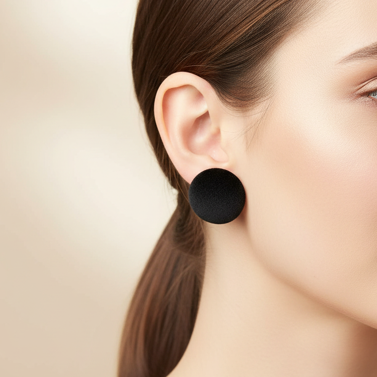 Vintage 1970s Black Velvet Dome Button Clip-On Earrings Fabric Costume Jewellery