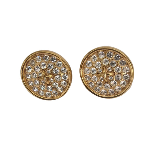 Vintage 1980s Gold-Tone Rhinestone Clip-On Earrings Round Disc Pave Set Costume – photo 2
