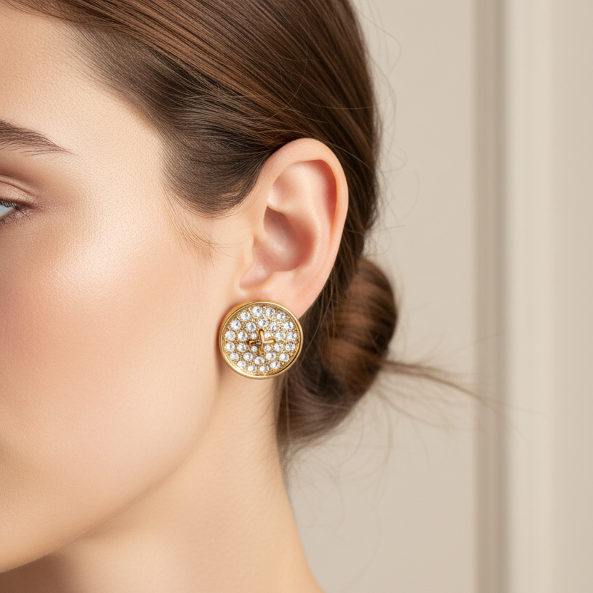 Vintage 1980s Gold-Tone Rhinestone Clip-On Earrings Round Disc Pave Set Costume