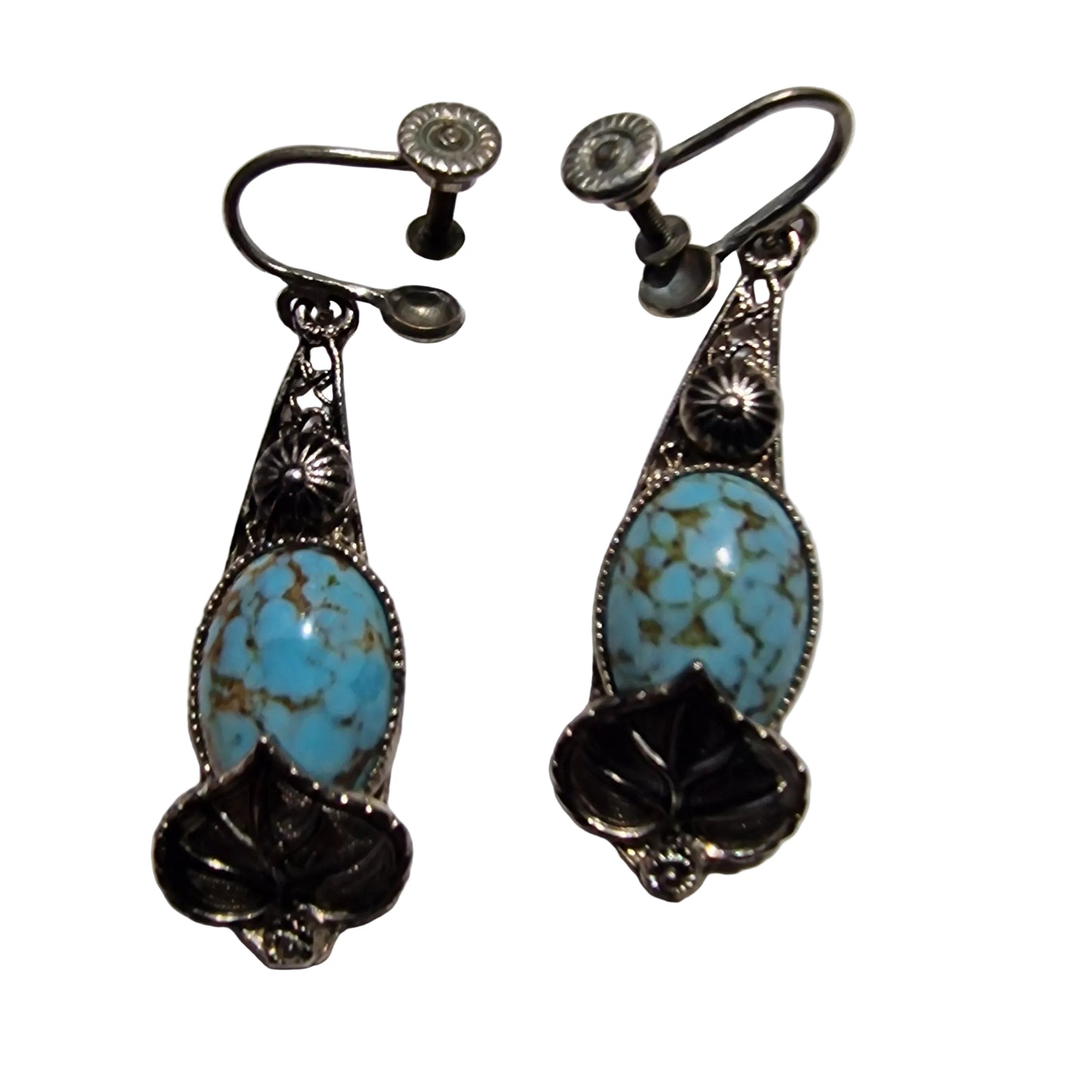 Vintage 1970s Silver-Tone Turquoise Natural Stone Drop Earrings Filigree Screw – photo 2