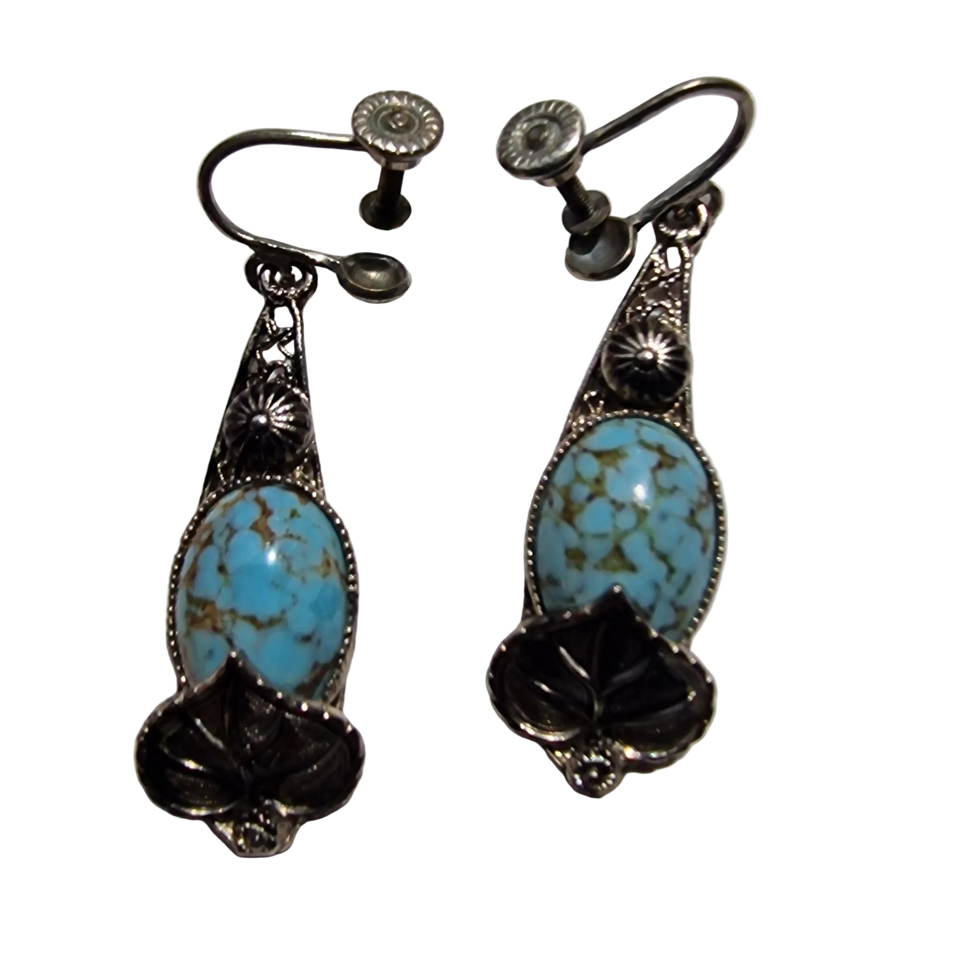 Vintage 1970s Silver-Tone Turquoise Natural Stone Drop Earrings Filigree Screw – photo 2