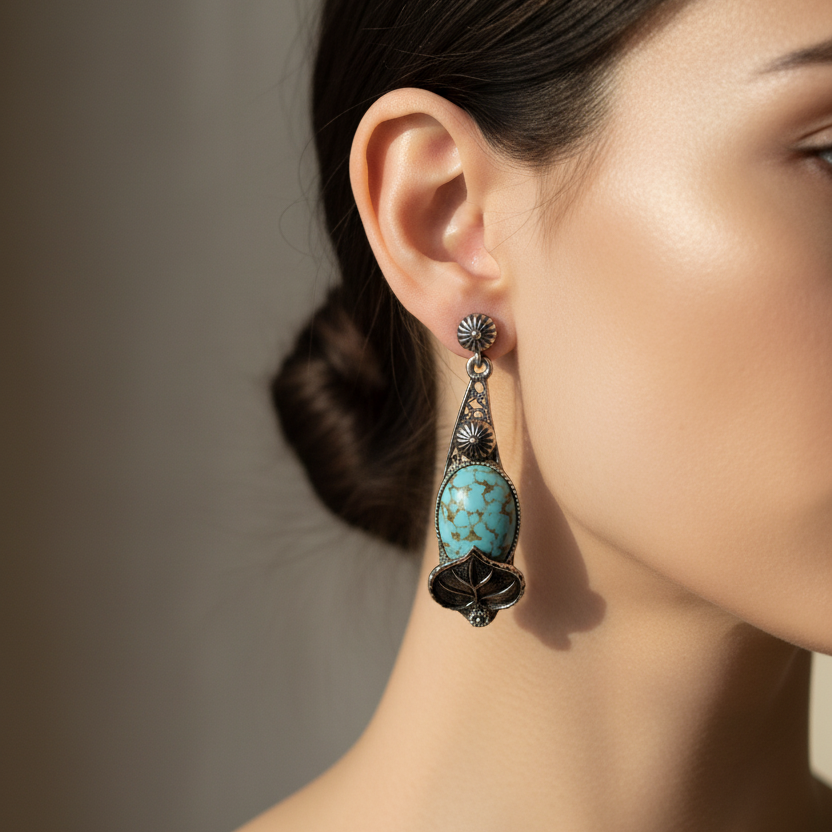 Vintage 1970s Silver-Tone Turquoise Natural Stone Drop Earrings Filigree Screw