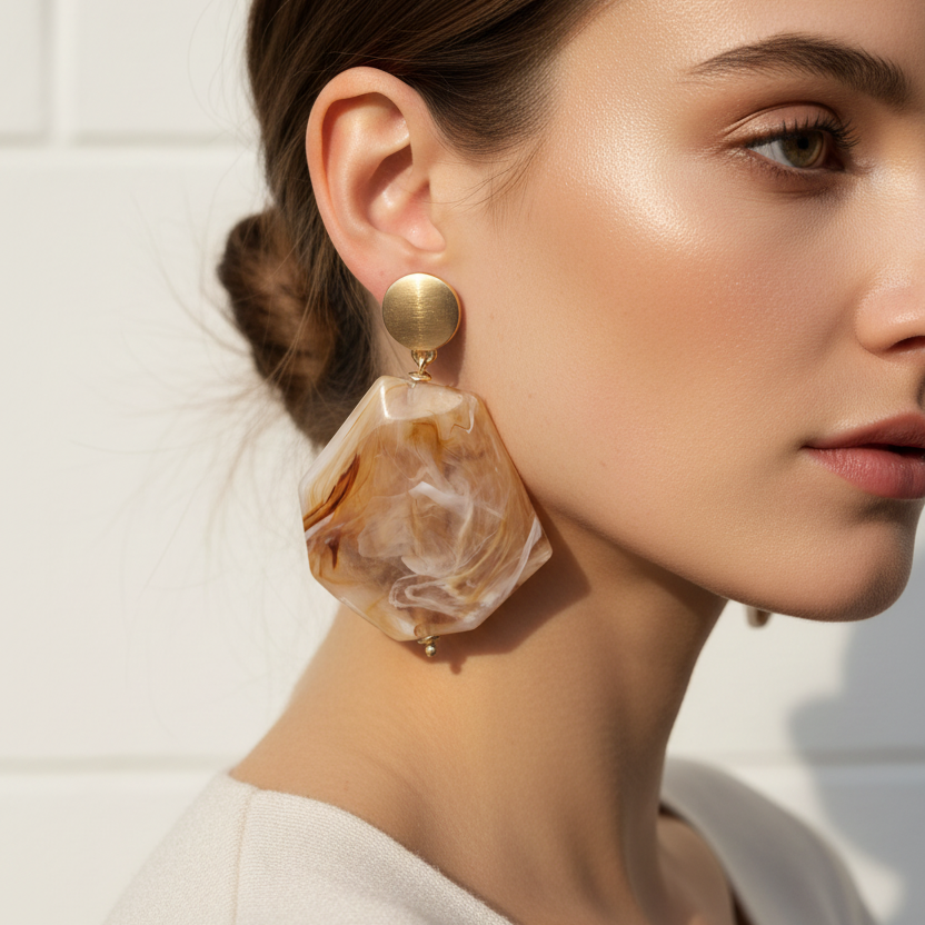 Vintage 1990s Marbled Plastic Drop Earrings Gold-Tone Geometric Dangle Statement