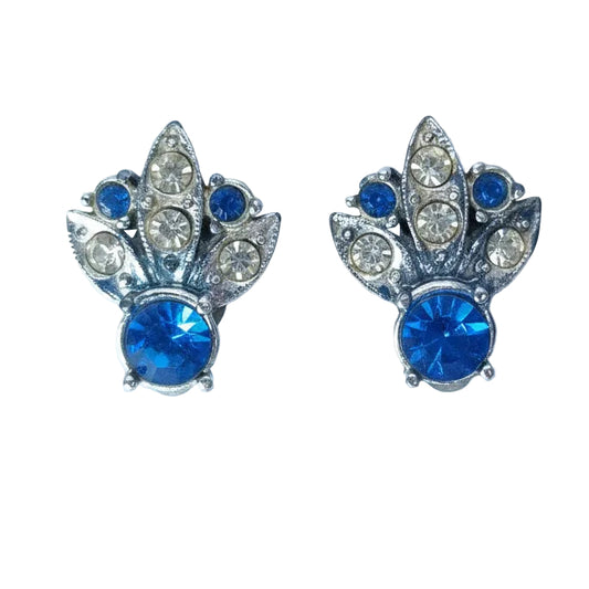 Vintage 1960s Silver-Tone Blue Clear Rhinestone Leaf Cluster Clip-On Earrings
