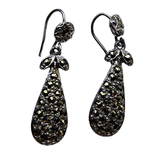 Vintage 1980s Silver-Tone Marcasite Drop Earrings Art Deco Floral Teardrop Hook – photo 2