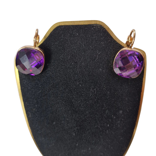 Vintage 1980s Gold-Filled Deep Purple Stone Cushion Cut Drop Earrings Lever Back – photo 2