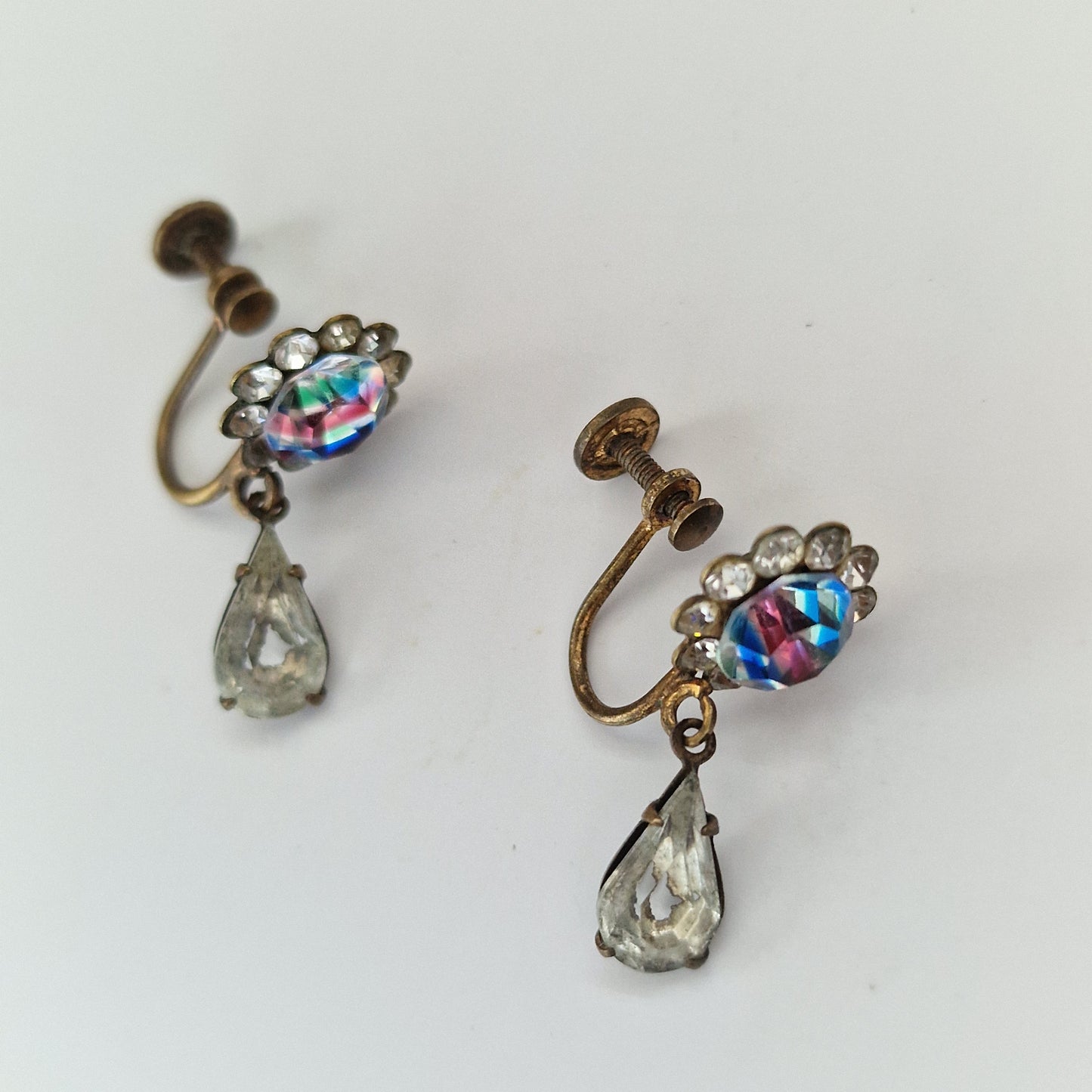 Vintage 1950s Bronze Aurora Borealis Rhinestone Drop Earrings Clips Screw Back