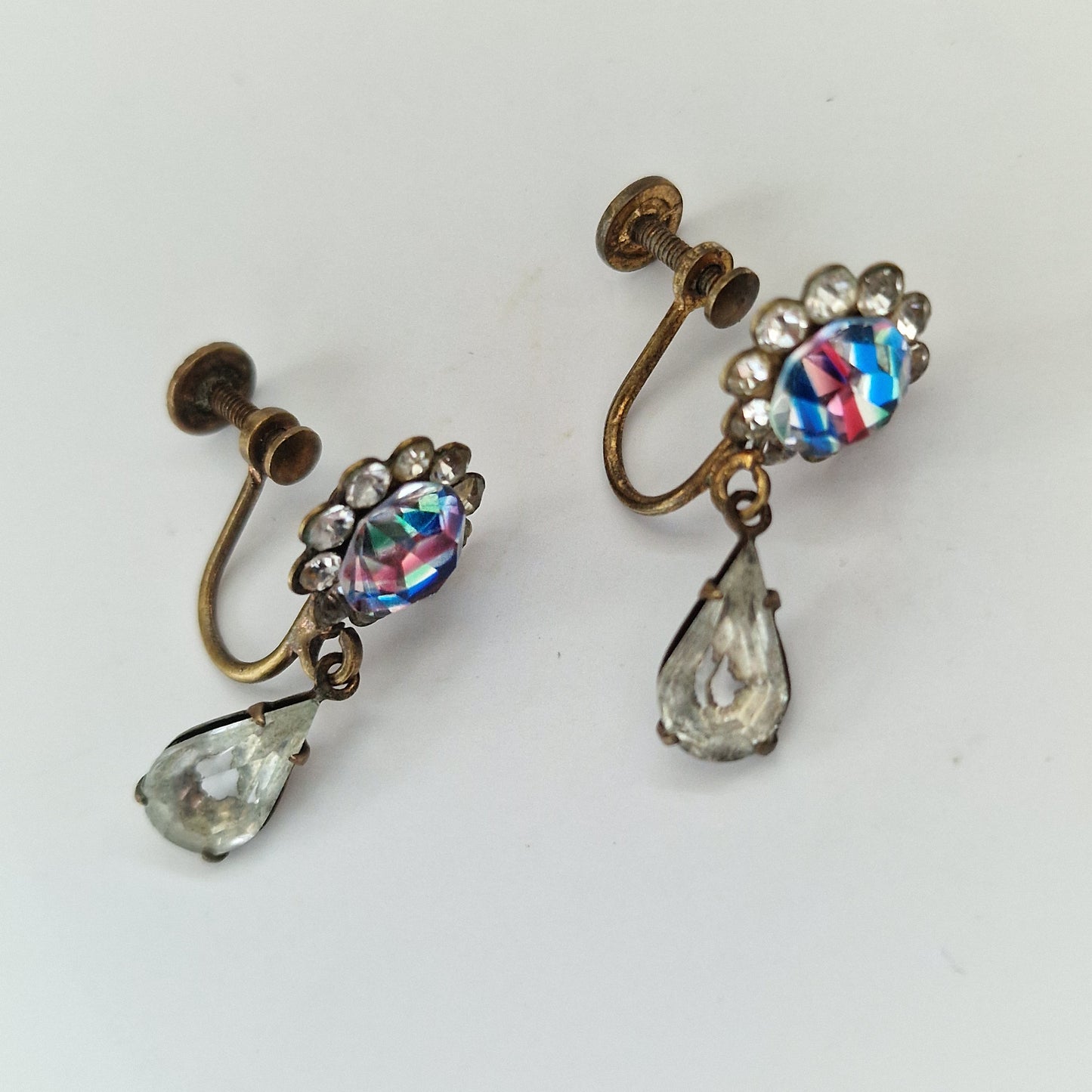 Vintage 1950s Bronze Aurora Borealis Rhinestone Drop Earrings Clips Screw Back – photo 2