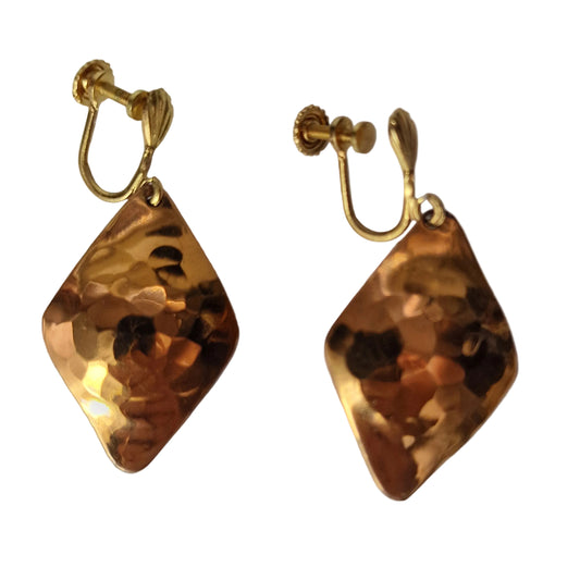 Vintage 1960s Copper Hammered Drop Earrings Screw Back Geometric Artisan Dangle – photo 3
