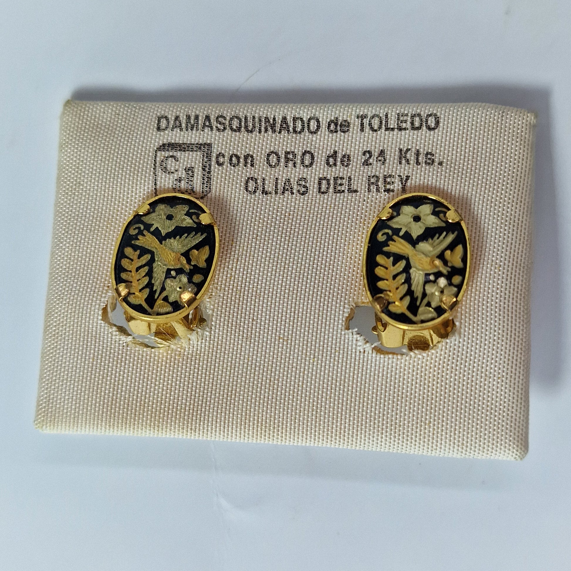 Vintage 1970s Spanish Toledo Damasquinado Clip Earrings Gold Bird Floral Spain