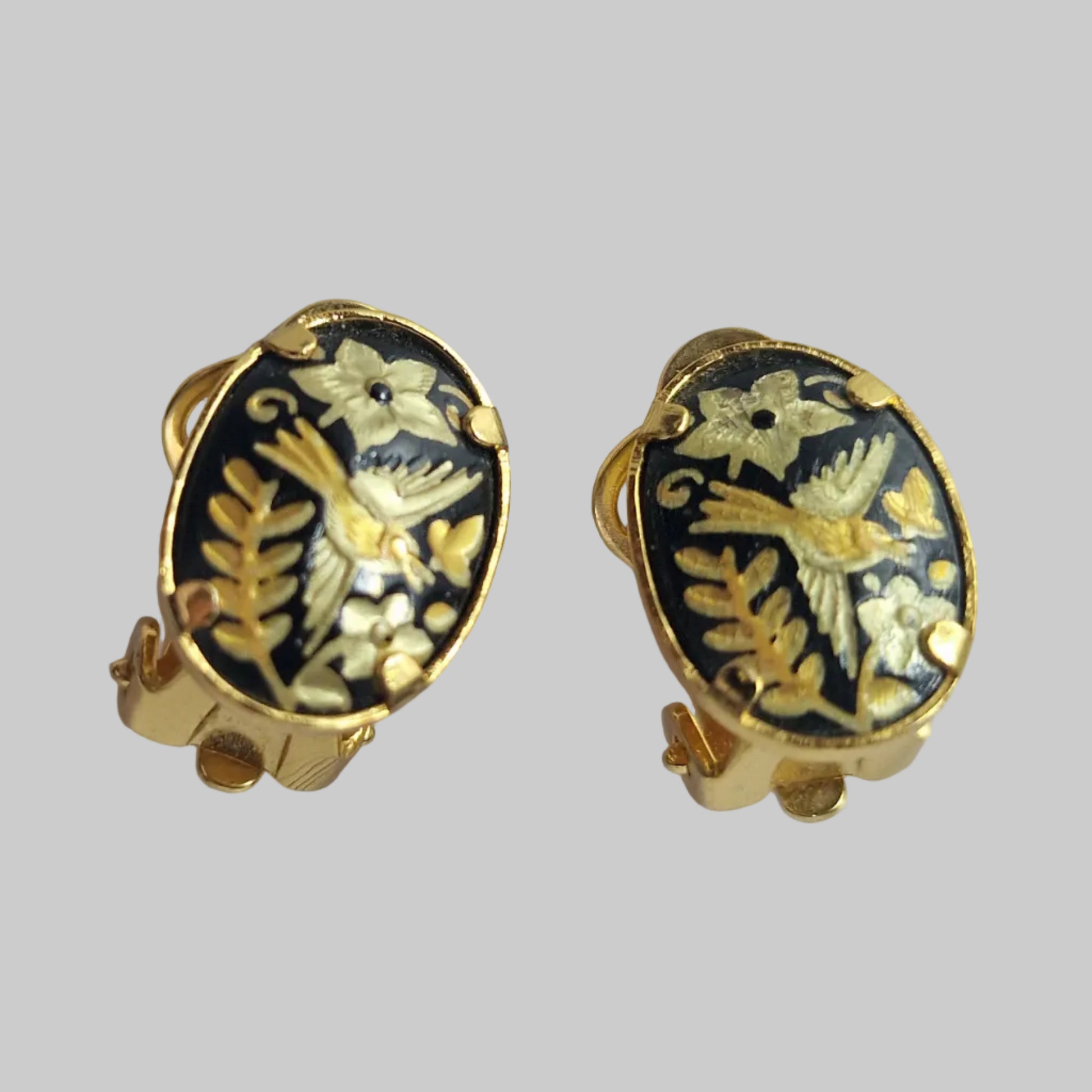 Vintage 1970s Spanish Toledo Damasquinado Clip Earrings Gold Bird Floral Spain – photo 4