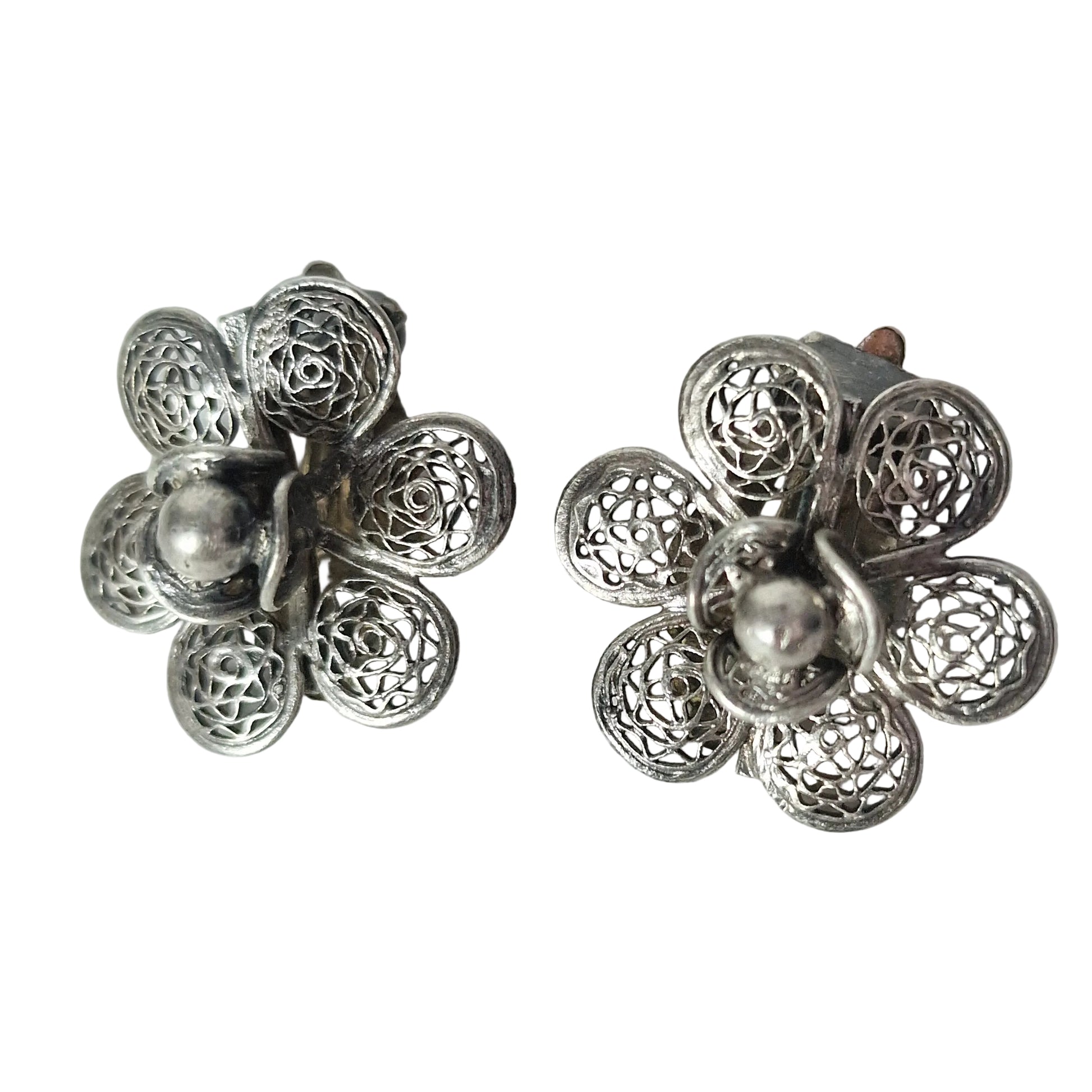 Vintage 1950s Sterling Silver Filigree Floral Clip Earrings India Handmade Pair